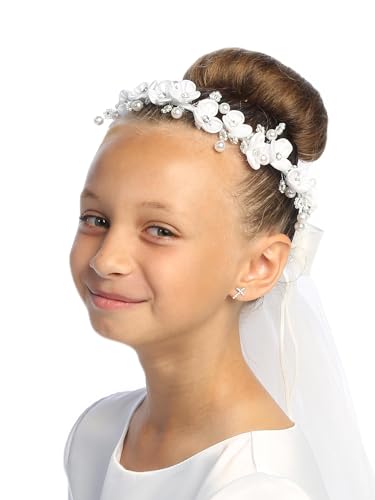 SWEA Pea & Lilli Girls First Communion Veil - White Holy 1st Communion Headpiece with Comb and Flowers