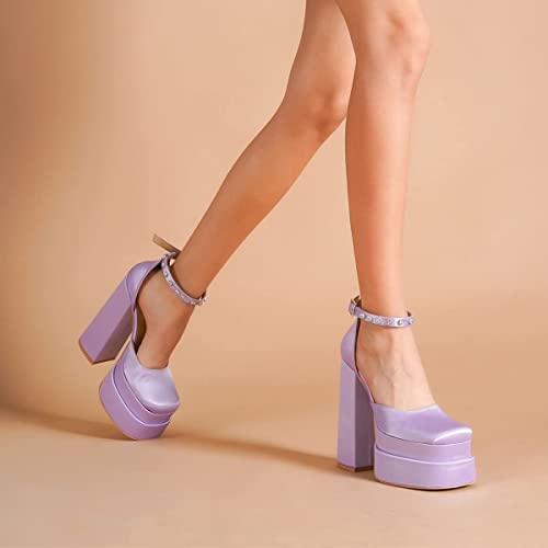Womens Platform Chunky Heel Dress Pumps Ankle Strap Block High Heel Silk Satin Square Toe Rhinestones Heeled Pumps2