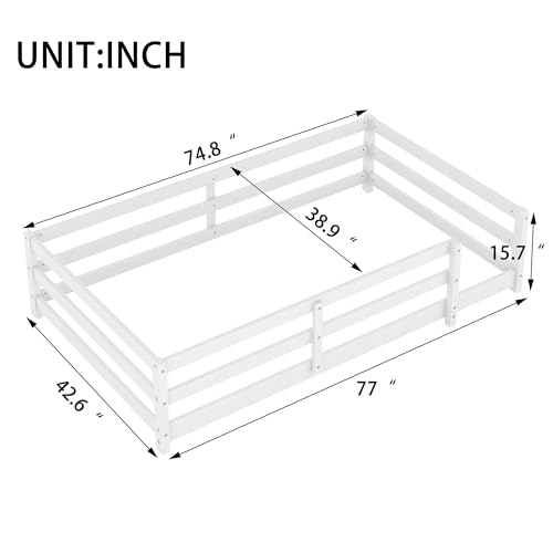 Twin Size Montessori Bed with Fence, Wood for Kids (White)