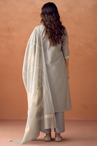 Image of FIORRA Women Grey Cotton Jacquard Woven Kurta Set with Dupatta