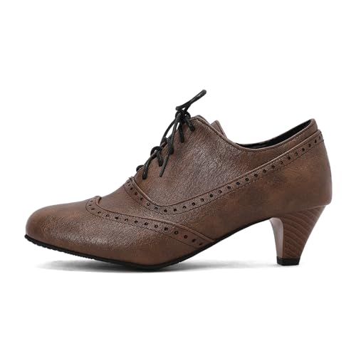 SHEMEE Vintage Kitten Heels Oxford Pumps for Women Stacked Cone