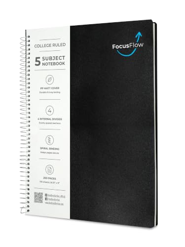 Image of DOODLE Focus Flow 5 Subject Spiral Notebook | Pack of 1 | Black | 200 Sheets, College Ruled Paper | Notebook with Dividers & Water Resistant Cover for School, College, Office & Business Notes
