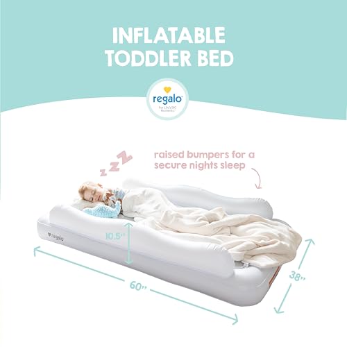 Image of Regalo Inflatable Toddler Travel Bed with Safety Rail Bumpers, Portable Toddler Air Mattress with Pump & Carry Bag, Foldable Kids Bed for Travel, Camping & Sleepovers, Ages 2-5