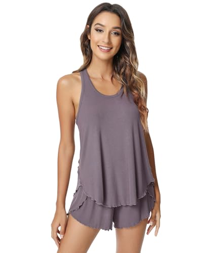 NACHILA Pajamas for Women-Viscose Made from Bamboo,Ribbed Racerback Tank Top and Shorts Pajama Sets Sleeveless Sleep Cami Pj