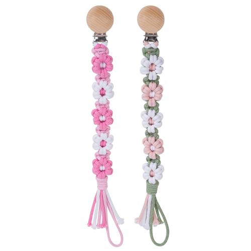 Image of Symbolife Pacifier Clip for Boys Girls Floral Daisy Macrame Baby Paci Clip Pacifier Holder Leash Boho Wooden Clips Handmade Braided Cotton Binky Clips (2pack:Pink & Green Daisy)