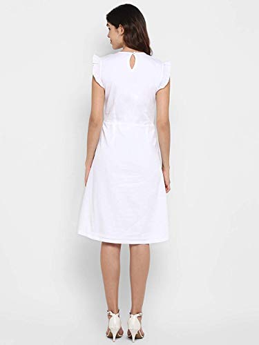 Image of DEEBACO White Front Embroidered Ruffle Dress Front Yoke Ruffle Detail at Upper Sleeveless Casual Round Neck Middi Dress