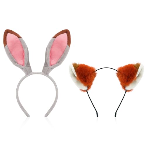 MWOOT 2 Diadema con orejas conejo y zorro, lindo diadema orejas animal peluche para mujeres hombres, Accesorios para disfraces carnaval para parejas, fiesta de cosplay