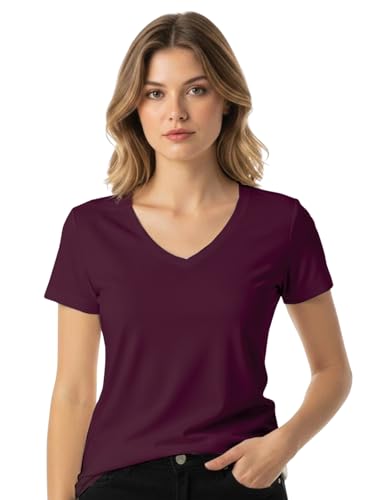 Image of JUNEBERRY Cotton Lycra Regular Fit V- Neck Solid Core Half Sleeves T-Shirt for Women & Girls (Colors Available: Black, Green, Magenta, Blue, Orange & Limeade)