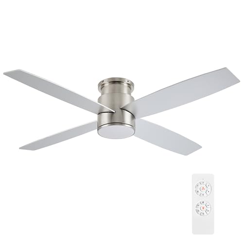 WINGBO 52 Inch Flush Mount DC Ceiling Fan with Lights and Remote, 4 Reversible Blades, Ultra Quiet 6-Speed DC Motor, Hugger Low Profile Indoor Ceiling Fan, Brushed Nickel Finish
