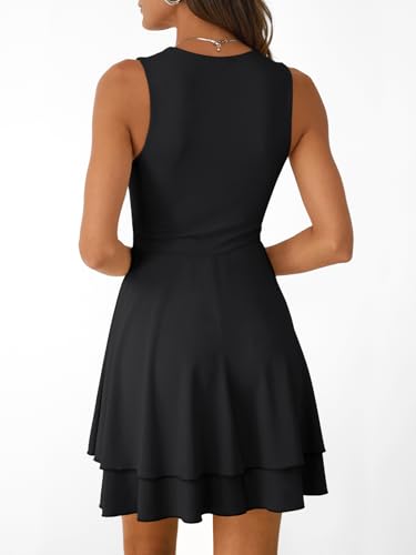 Trendy Queen Women's Square Neck Summer Party Flowy Ruffle Hem Ruched Waist Mini Dress4