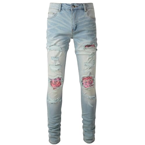 Jeans Pants Trouser Denim Men Stretch Slim Fit Worn Hole Patched with Scratching Fading Street Trendy Washed Light Blue(Light Blue,31)