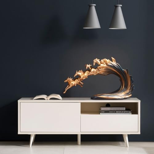 SMOKEY COCKTAIL Pegasus Decor Piece | Horse Statues And Sculptures For Living Room | Feng Shui Resin 7 Running Horse Figurine | Symbol Success Home Office Ornaments,Gold