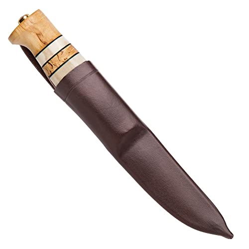 Helle Knives - Arv - Traditional Scandinavian Fixed Blade Knife - Birch, Staghorn Wood And Leather Stacked Handle - Leather Sheath - Field Knife For Camping, Hunting - Triple Laminated Stainless Steel - Made In Norway #TOP1