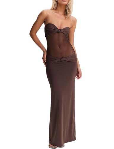 Image of Women's Maxi Dress Removable Spaghetti Straps Knotted Twist Sweetheart See Through Night Club Party Cocktail Bodycon Dress