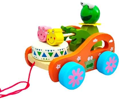 Frog Beat Drum Wooden Pull Along Toy, Good Creative Educational Solid Wood for Toddlers & Baby Girls with Long Sturdy String Attached to Cute Frog Toy (Multicolor)