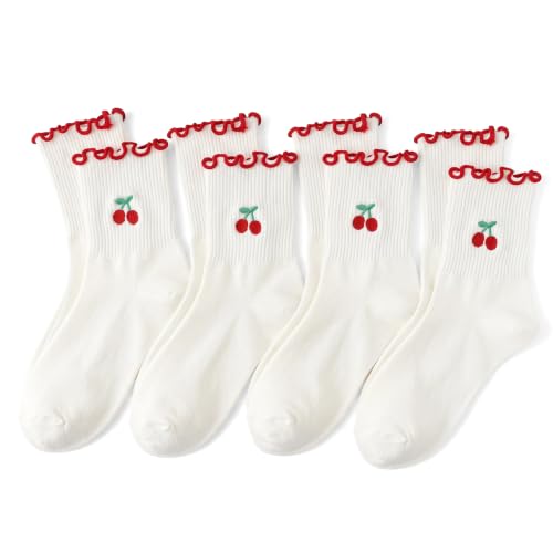 Image of Women's Cute Crew Socks, Casual Athletic Cotton Bowknot Cherry Calf Novelty Socks for Women