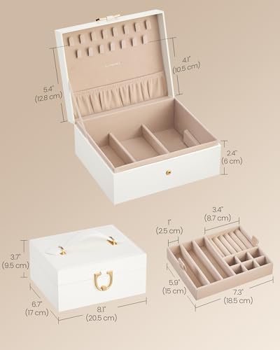 SONGMICS 2-Layer Jewelry Box Organizer, Jewelry Storage Case with Removable Tray and Handle, for Necklaces, Earrings, Rings, Bracelets, 6.7 x 8.1 x 3.7 Inches, Gift Idea, Cream White UJBC208WD01 — view 4