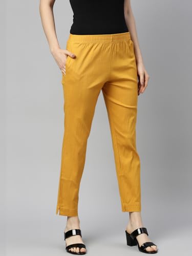 Image of MINELLI Women Solid Cigar Pants, Cotton Lycra Slub Fabric, Elasticated Waistband, Pull On Style, Regular Fit Bottom Wear for Western and Ethnic Wear