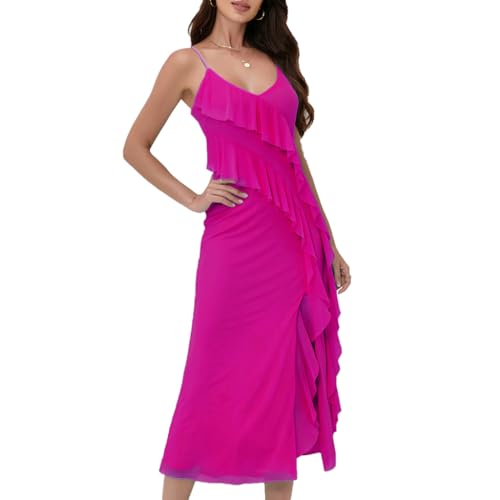 Image of Women's Spaghetti Strap Ruffle Side Split Long Dress Bodycon Beach Maxi Dresses