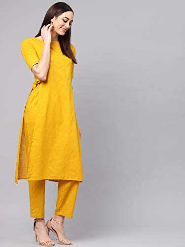 Image of idaLia Mustard Straight Cotton Solid Kurta Set for Women Stylish Boat Neck Design Kurta Set with Pant