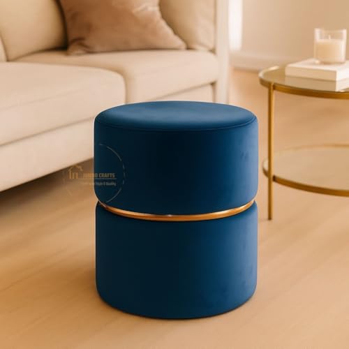 Image of Wooden Puffy Stool for Living Room Round Footstool - Ottoman Stool for Living Room Furniture Round Ottoman - Sitting Pouffe Ottoman Stool /Room Dcor /Office Stool - Blue