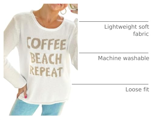 Image of Women's Beach Cover Up Letter Print Long Sleeve Sweater Summer Tops | Crochet Tops Shirts Casual Crewneck Split Hem Pullover