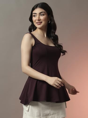 Image of Trend Arrest.ed Women's Polyester Sculpt Flare Top | Stretchable Sleeveless Fit & Flare Blouse with Scoop Back
