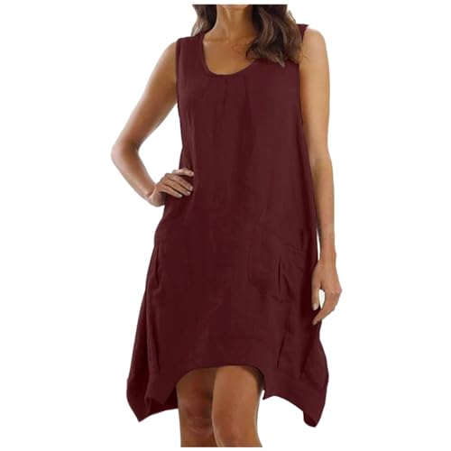 Vestidos de mujer Talla grande Cuello en U con tirantes anchos y bolsillos Color sólido Estilo corto, rojo, XL