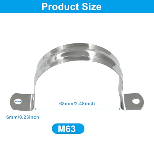 Image of 10 Pack M63 Rigid Pipe Strap, 2-1 /2 Inch, Silver | Stainless Steel, Two Hole Cable Strap, U Bracket Conduit Clamp, For Fixing Tube, Cable, Pipe, 63 mm