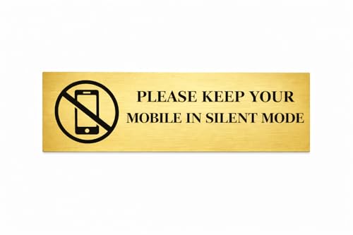Image of Brushed Silver PVC Office Sign with Double-Sided Tape | Durable 10x3 Inch Signage for Clinics, Malls, Gyms & Hospitals - Available in Silver & Gold (Brushed Gold /, Please Keep Your Mobile in Silent Mode)