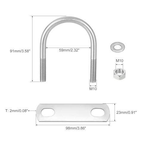 Image of uxcell Round U-Bolts, 4 Sets 59mm(2.32 inch) Inner Width 91mm Length M10 304 Stainless Steel U Clamp Bolt with Nuts and Plates, for Boat Trailer