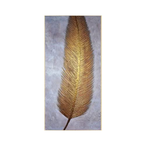 Toile abstraite golden feather feuilles au format panoramique 70x140cm pour décoration murale
