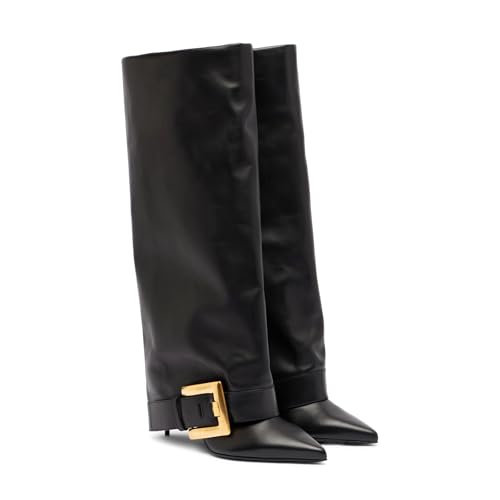 Women's Fold Over Knee High Boots for Women Pointed Toe Stiletto Heel Tall Boots Fashion Wide Calf Long Booties
