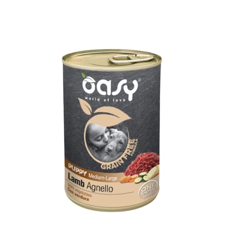Oasy umido cane puppy grainfree, alimento completo per cani cuccioli di taglia media e grande (medium) gusto AGNELLO | 6 scatolette da 400 grammi l’una.