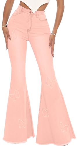 Pink Bell Bottom Jeans for Women Butterfly Vintage High Waisted Skinny Flared Jeans Wide Leg Raw Hem Denim Pants 2576BB Pink_Small