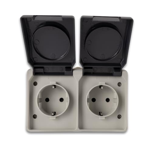 REV AquaBase - Enchufe doble para ambientes húmedos, 2 pines, protección contra salpicaduras IP54, horizontal, color gris