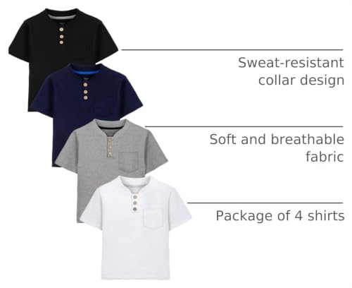 Image of Poroka 4 Pack Baby Boys and Toddlers Cotton Short-Sleeve T-Shirts Pocket Button Crew Neck Tee Short-Sleeve Shirts