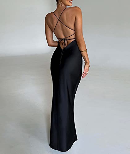 xxxiticat Women's Slip Maxi Dress Sleeveless Open Back Backless Lace Up Bandage Criss Cross Mermaid Satin Party Dress4