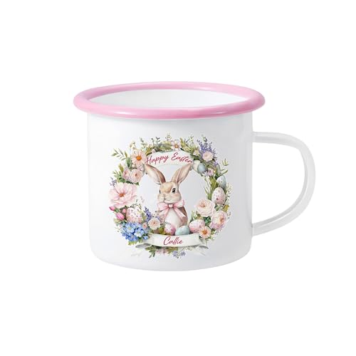CALLIE Personalized Happy Easter Mug with Name, 12 oz Custom Wreath Egg Rabbit Bunny Enamel Coffee Mug, Basket Stuffers Easter Birthday Gifts for Family Friend Daughter Son