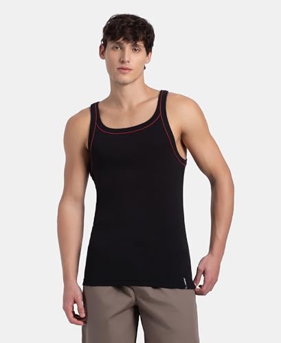 Image of Jockey US54 Men's Super Combed Cotton Rib Square Neckline Gym Vest with Back Panel Graphic Print (Shoulder Starp Color May Vary)