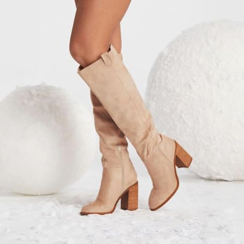 Erocalli Suede Knee-High Boots Fall Boot For Women Chunky Block High Heel Slouch Fashion Boot Round Toe Side Zipper