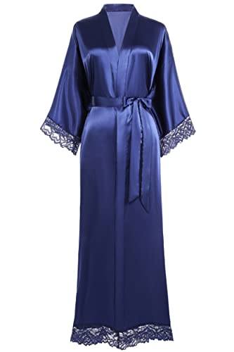 Image of BABEYOND Satin Kimono Robe Silky Long Bridesmaid Wedding Lightweight Bath Robe with Lace Trim