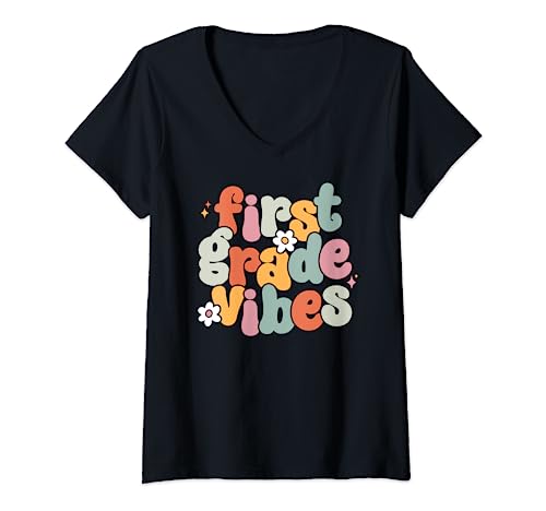 Womens Back To School First Grade Vibes Retro 1st Grade Teacher V-Neck T-Shirt