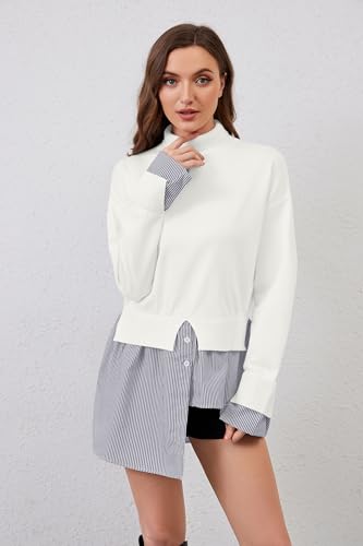 Image of MISSACTIVER Women Slit Turtleneck Patchwork Sweater 2 in 1 Buttons Down Pullover Knit Sweater Asymmetrical Hem Shirt Top