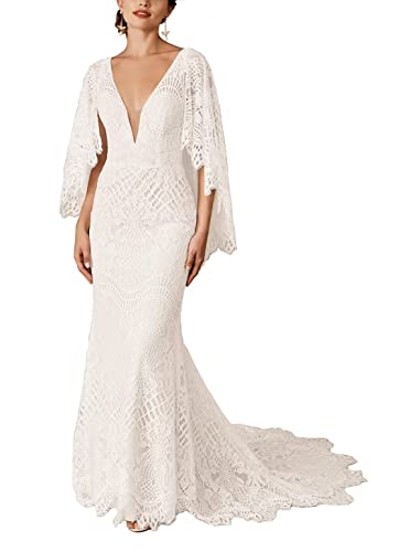 Image of Boho Wedding Dresses for Bride Lace Mermaid Bridal Dress V Neck Cape Sleeve Beach Bohemian Vintage Wedding Gown