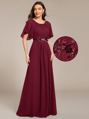 Image of Ever-Pretty Women's Classic Round Neck Pleated Short Sleeves Chiffon Appliques Floor Length A Line Formal Evening Dresses