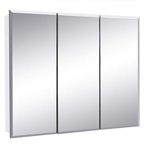 Image of Design House Cyprus Medicine Cabinet, 3 Frameless Mirrored Doors, 2 Adjustable Shelves, Pre-Assembled, Surce or Recess-Mounted, White, 36.3 in. W x 4.4 in. D x 30.1 in. H, 590265 | Adjustable Shelves, Wall Mount, Contemporary /Modern, Wood, Bath, 590265