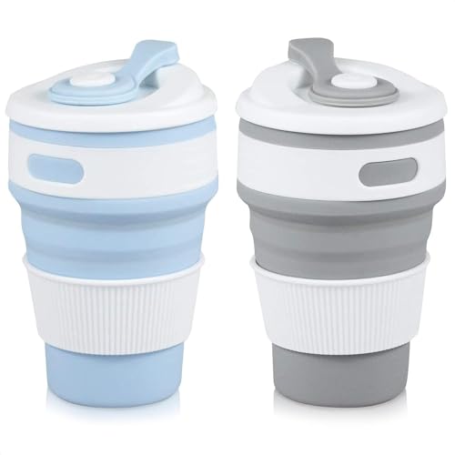 7WUNDERBAR Tazas de viaje plegables 2 juegos de tazas plegables, tazas de café plegables, tazas de silicona plegables cubiertas, reutilizables para acampar y hacer picnic de senderismo (350 ml)