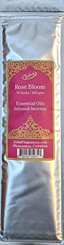 Rose Bloom Incense, 100 Grams / 75 Sticks - Essential Oil Infused (One Hour) Incense Sticks by Zoha Fragrances