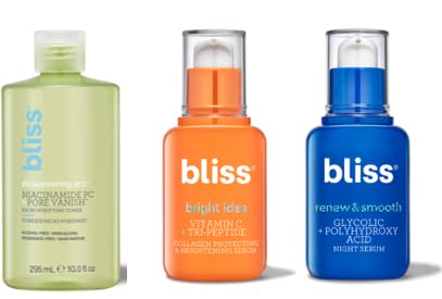 Bliss Radiance Trio - Disappearing Act Niacinamide Toner, Renew & Smooth Night Serum, & Bright Idea Vitamin C Serum - Pore Minimizing, Exfoliating & Brightening - Clean, Vegan & Cruelty-Free